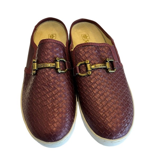 Spenco mules Women’s Burgundy Leather Mules Size  7 D Slip On Weave Horse Bit … - Picture 1 of 9